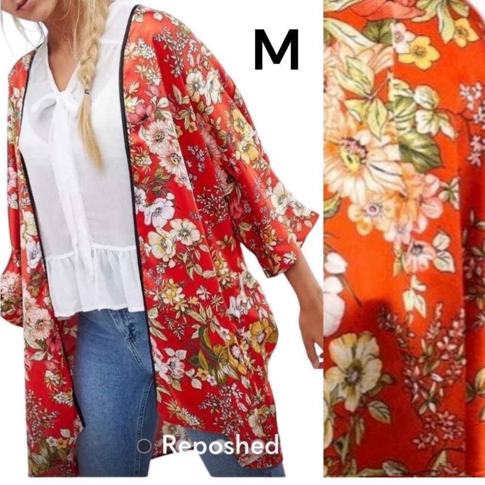 QED LONDON Asian Inspired Floral Kimono Size Medium Deep Orange